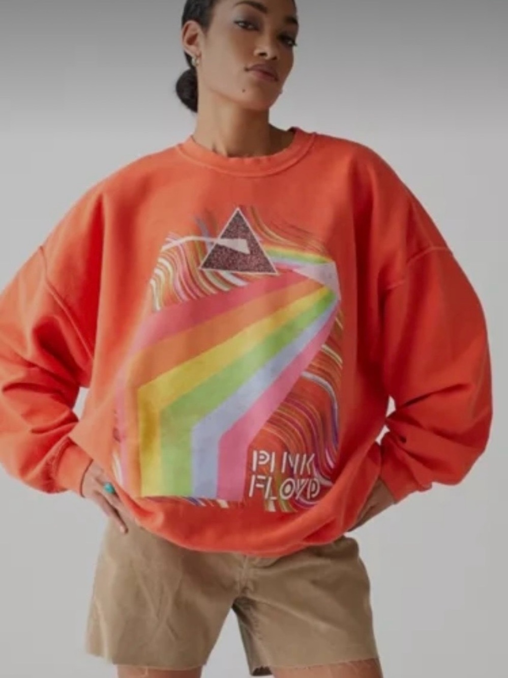 Pink Floyd Orange Crewneck Sweatshirt with Rainbow Women’s Oversized Size S/M